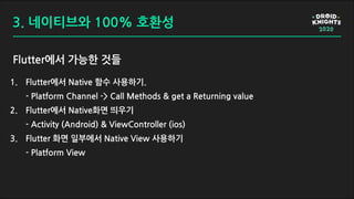 3. 네이티브와 100% 호환성
Flutter에서 가능한 것들
1. Flutter에서 Native 함수 사용하기.
- Platform Channel -> Call Methods & get a Returning value
2. Flutter에서 Native화면 띄우기
- Activity (Android) & ViewController (ios)
3. Flutter 화면 일부에서 Native View 사용하기
- Platform View
 