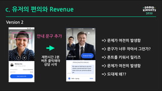 c. 유저의 편의와 Revenue
Version 2
제한시간 2분
버튼 클릭해야
상담 시작
안내 문구 추가
=> 문제가 여전히 발생함
=> 문구가 너무 작아서 그런가?
=> 폰트를 키워서 릴리즈
=> 문제가 여전히 발생함
=> 도대체 왜??
 