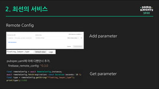 Remote Config
Add parameter
Get parameter
pubspec.yaml에 아래 디펜던시 추가.
firebase_remote_config: ^0.3.0
2. 최선의 서비스
 