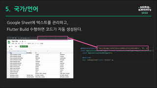 Google Sheet에 텍스트를 관리하고,
Flutter Build 수행하면 코드가 자동 생성된다.
5. 국가/언어
 