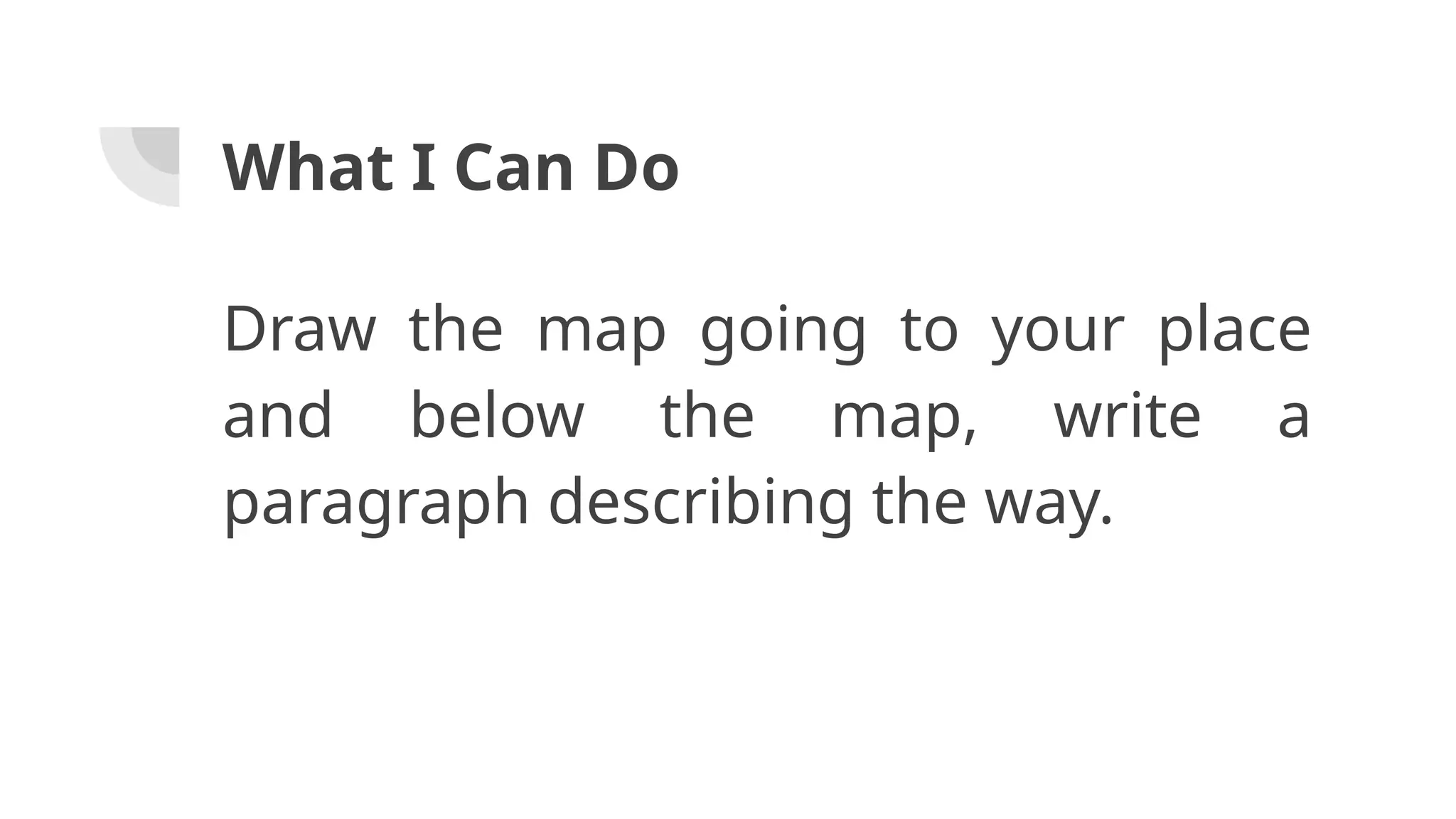 Draw the map going to your place
and below the map, write a
paragraph describing the way.
What I Can Do
 