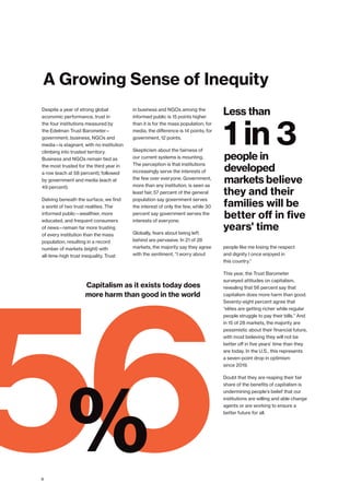people in
developed
markets believe
they and their
families will be
better off in five
years' time
56
A Growing Sense of Inequity
Despite a year of strong global
economic performance, trust in
the four institutions measured by
the Edelman Trust Barometer—
government, business, NGOs and
media—is stagnant, with no institution
climbing into trusted territory.
Business and NGOs remain tied as
the most trusted for the third year in
a row (each at 58 percent), followed
by government and media (each at
49 percent).
Delving beneath the surface, we find
a world of two trust realities. The
informed public—wealthier, more
educated, and frequent consumers
of news—remain far more trusting
of every institution than the mass
population, resulting in a record
number of markets (eight) with
all-time-high trust inequality. Trust
in business and NGOs among the
informed public is 15 points higher
than it is for the mass population; for
media, the difference is 14 points; for
government, 12 points.
Skepticism about the fairness of
our current systems is mounting.
The perception is that institutions
increasingly serve the interests of
the few over everyone. Government,
more than any institution, is seen as
least fair; 57 percent of the general
population say government serves
the interest of only the few, while 30
percent say government serves the
interests of everyone.
Globally, fears about being left
behind are pervasive. In 21 of 28
markets, the majority say they agree
with the sentiment, “I worry about
Capitalism as it exists today does
more harm than good in the world
%
1 in 3
Less than
people like me losing the respect
and dignity I once enjoyed in
this country.”
This year, the Trust Barometer
surveyed attitudes on capitalism,
revealing that 56 percent say that
capitalism does more harm than good.
Seventy-eight percent agree that
“elites are getting richer while regular
people struggle to pay their bills.” And
in 15 of 28 markets, the majority are
pessimistic about their financial future,
with most believing they will not be
better off in five years’ time than they
are today. In the U.S., this represents
a seven-point drop in optimism
since 2019.
Doubt that they are reaping their fair
share of the benefits of capitalism is
undermining people’s belief that our
institutions are willing and able change
agents or are working to ensure a
better future for all.
4
 