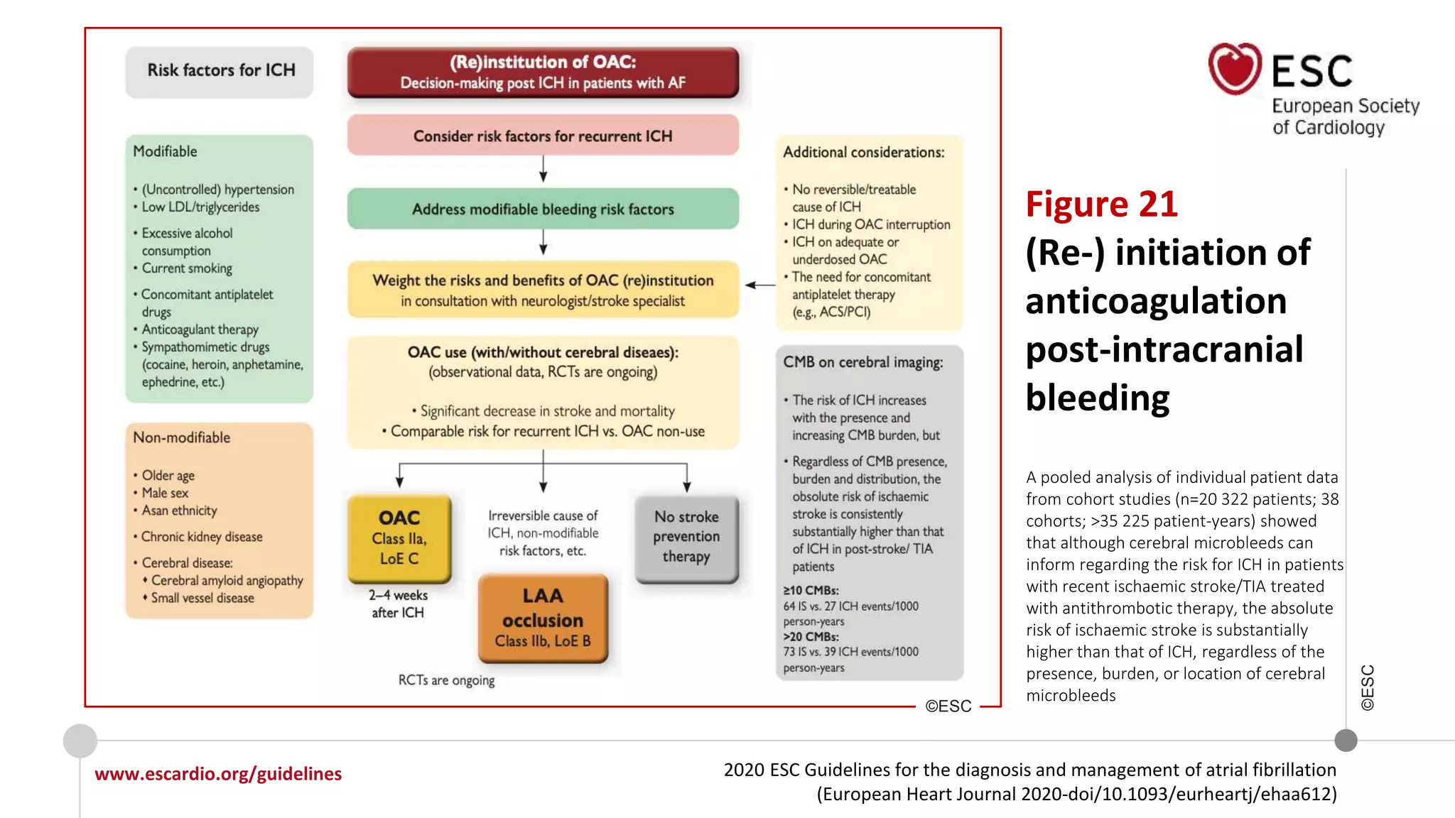 2020 ESC Guidelines for the diagnosis and management of atrial fibrillation
(European Heart Journal 2020-doi/10.1093/eurheartj/ehaa612)
www.escardio.org/guidelines
©ESC
Figure 21
(Re-) initiation of
anticoagulation
post-intracranial
bleeding
A pooled analysis of individual patient data
from cohort studies (n=20 322 patients; 38
cohorts; >35 225 patient-years) showed
that although cerebral microbleeds can
inform regarding the risk for ICH in patients
with recent ischaemic stroke/TIA treated
with antithrombotic therapy, the absolute
risk of ischaemic stroke is substantially
higher than that of ICH, regardless of the
presence, burden, or location of cerebral
microbleeds
©ESC
 