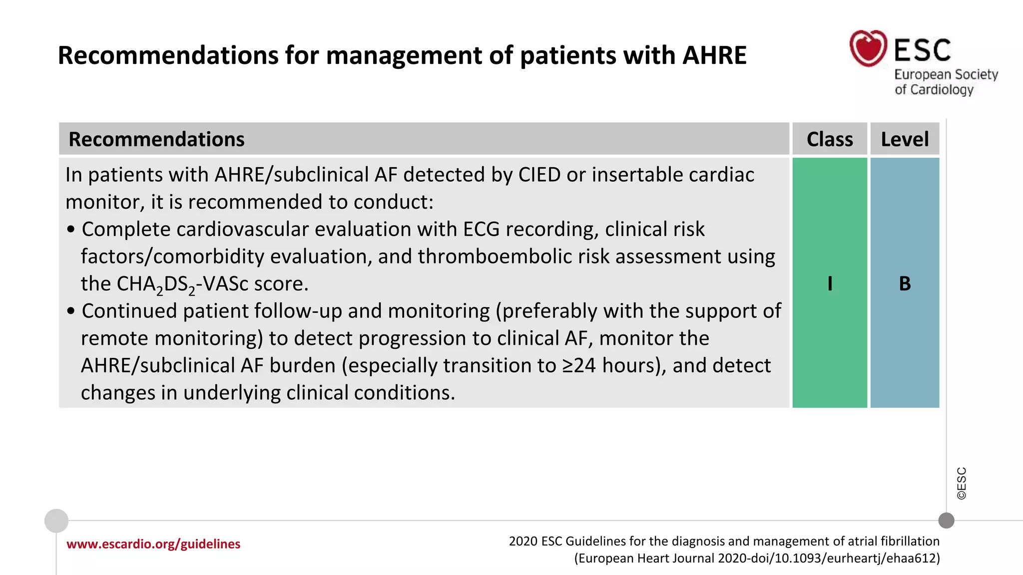 2020 ESC Guidelines for the diagnosis and management of atrial fibrillation
(European Heart Journal 2020-doi/10.1093/eurheartj/ehaa612)
www.escardio.org/guidelines
©ESC
Recommendations for management of patients with AHRE
Recommendations Class Level
In patients with AHRE/subclinical AF detected by CIED or insertable cardiac
monitor, it is recommended to conduct:
• Complete cardiovascular evaluation with ECG recording, clinical risk
factors/comorbidity evaluation, and thromboembolic risk assessment using
the CHA2DS2-VASc score.
• Continued patient follow-up and monitoring (preferably with the support of
remote monitoring) to detect progression to clinical AF, monitor the
AHRE/subclinical AF burden (especially transition to ≥24 hours), and detect
changes in underlying clinical conditions.
I B
 