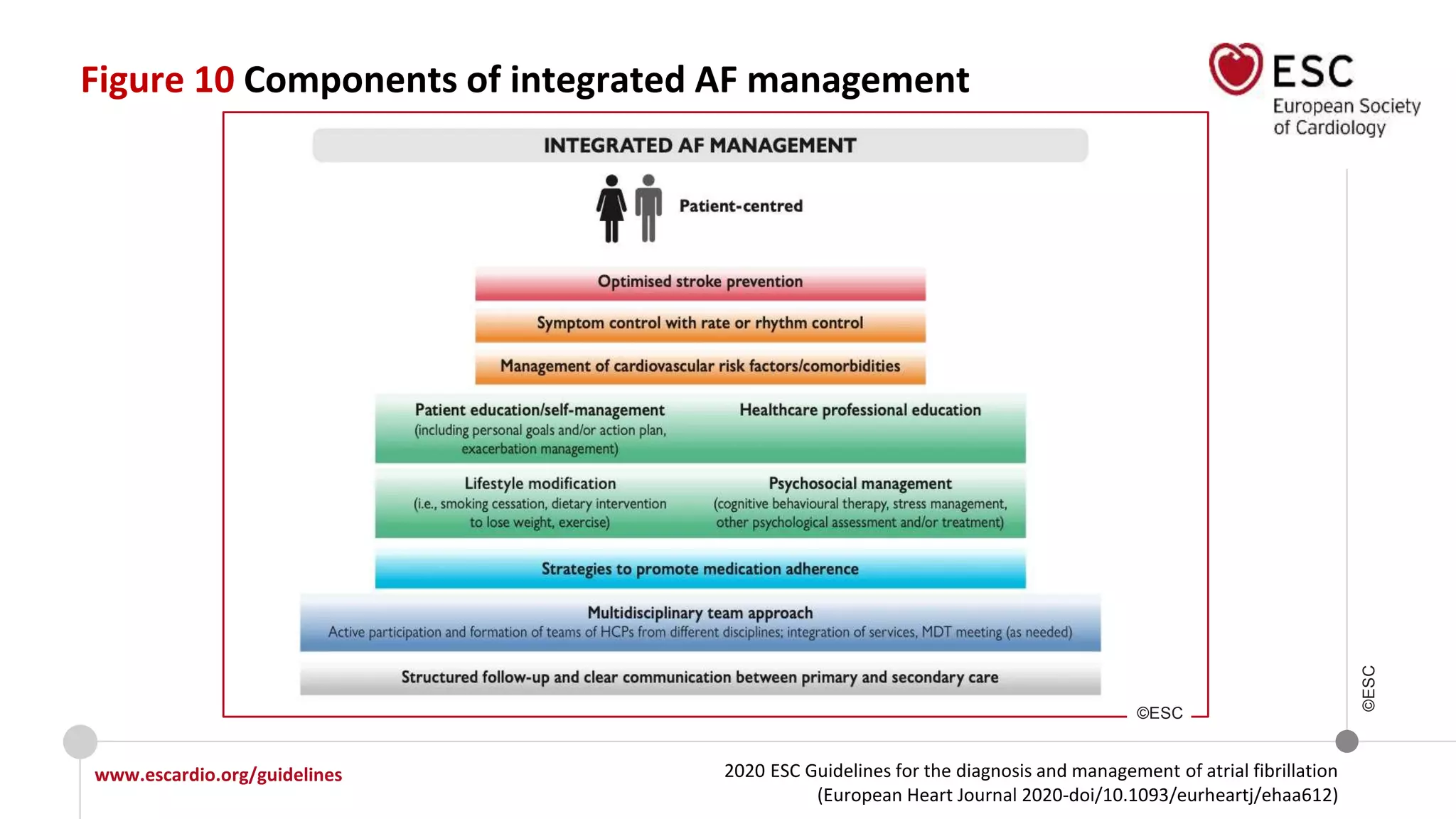 2020 ESC Guidelines for the diagnosis and management of atrial fibrillation
(European Heart Journal 2020-doi/10.1093/eurheartj/ehaa612)
www.escardio.org/guidelines
©ESC
Figure 10 Components of integrated AF management
©ESC
 