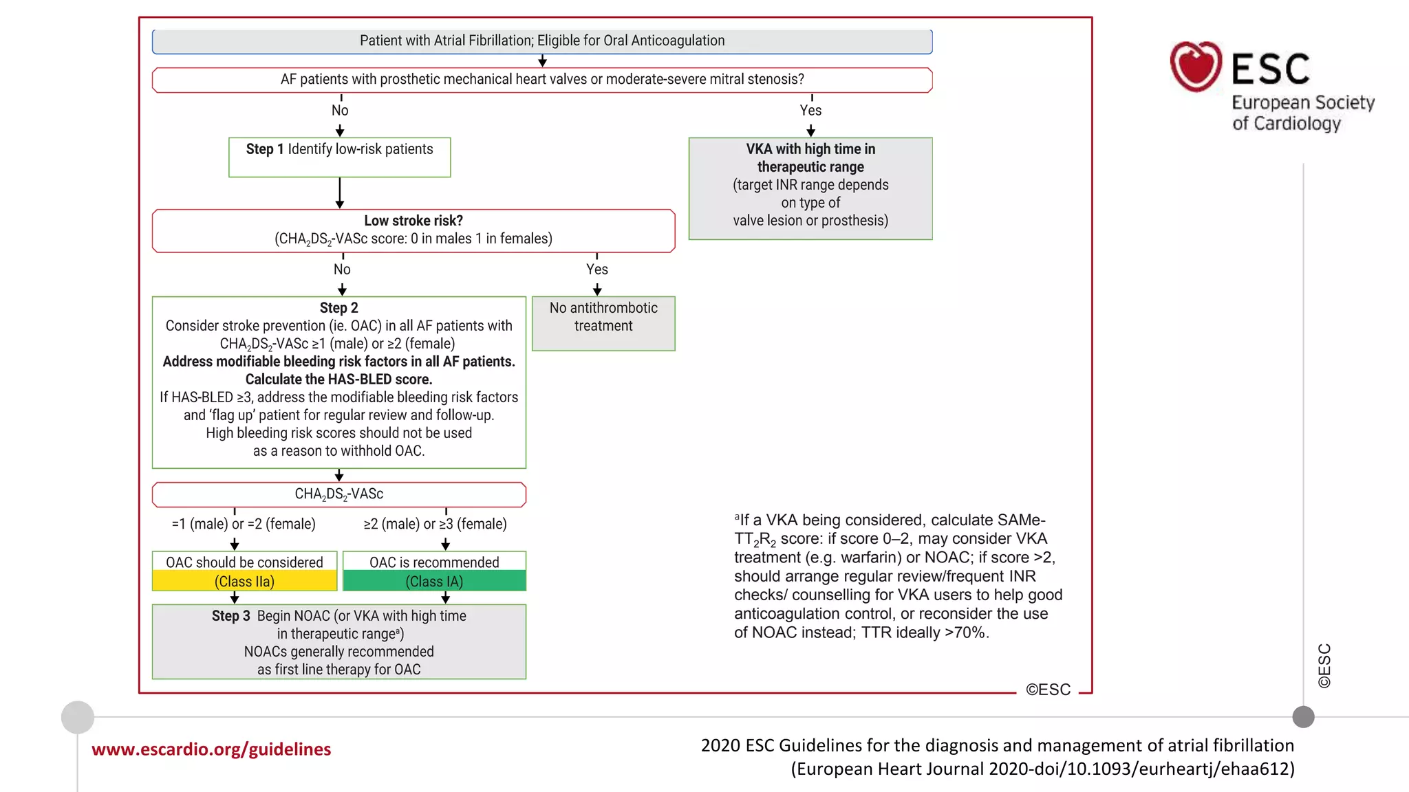 2020 ESC Guidelines for the diagnosis and management of atrial fibrillation
(European Heart Journal 2020-doi/10.1093/eurheartj/ehaa612)
www.escardio.org/guidelines
©ESC
aIf a VKA being considered, calculate SAMe-
TT2R2 score: if score 0–2, may consider VKA
treatment (e.g. warfarin) or NOAC; if score >2,
should arrange regular review/frequent INR
checks/ counselling for VKA users to help good
anticoagulation control, or reconsider the use
of NOAC instead; TTR ideally >70%.
©ESC
 