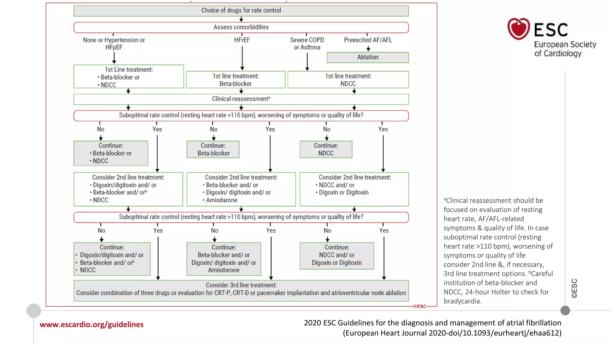 2020 ESC Guidelines for the diagnosis and management of atrial fibrillation
(European Heart Journal 2020-doi/10.1093/eurheartj/ehaa612)
www.escardio.org/guidelines
©ESC
aClinical reassessment should be
focused on evaluation of resting
heart rate, AF/AFL-related
symptoms & quality of life. In case
suboptimal rate control (resting
heart rate >110 bpm), worsening of
symptoms or quality of life
consider 2nd line &, if necessary,
3rd line treatment options. bCareful
institution of beta-blocker and
NDCC, 24-hour Holter to check for
bradycardia.
 
