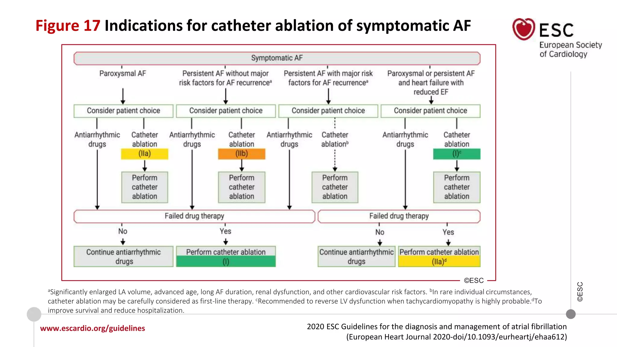 2020 ESC Guidelines for the diagnosis and management of atrial fibrillation
(European Heart Journal 2020-doi/10.1093/eurheartj/ehaa612)
www.escardio.org/guidelines
©ESC
aSignificantly enlarged LA volume, advanced age, long AF duration, renal dysfunction, and other cardiovascular risk factors. bIn rare individual circumstances,
catheter ablation may be carefully considered as first-line therapy. cRecommended to reverse LV dysfunction when tachycardiomyopathy is highly probable.dTo
improve survival and reduce hospitalization.
Figure 17 Indications for catheter ablation of symptomatic AF
©ESC
 