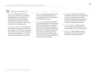| UNEG ETHICAL GUIDELINES FOR EVALUATION
21
ACCOUNTABILITY
• Redress: Ensure participants know
how to seek redress for any perceived
disadvantage or harm suffered from
the evaluation and how to register a
complaint concerning the unethical
conduct of those involved in the conduct
or organization of the evaluation.
• Evaluative judgements: Demonstrate in
the inception and evaluation reports that
the evaluation is conducted in a rigorous,
fair and balanced way and that any judge-
ments made are based on sound and
complete evidence that can be verified.
• Resources: Manage resources (human,
financial and physical) allocated to
the evaluation team in a cost-effective
and time-efficient manner.
• Transparency: Communicate openly
and transparently with commissioners
and other stakeholders on all aspects
of the evaluation process, including
limitations. This includes raising ethical
dilemmas for discussion and/or action
at the earliest possible opportunity
and communicating in the evaluation
reports and other products how ethical
considerations are handled.
• Wrongdoing: Be aware of and follow
established policies and protocols related
to serious wrongdoing, particularly
financial wrongdoing, abuse and harass-
ment and report significant problems
through the appropriate channels.
• Data management: Apply protocols
for responsible data management as
prescribed by the commissioning entity.
• Adherence: Closely follow all ethical
principles and ensure they are being
followed throughout the process.
GUIDELINES FOR IMPLEMENTING THE PRINCIPLES (CONT ’ D)
 