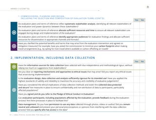 | UNEG ETHICAL GUIDELINES FOR EVALUATION
31
1. 
COMMISSIONING , PL ANNING AND DESIGN,
INCLUDING THE SELEC TION AND COMPOSITION OF E VALUATION TE AMS (CONT ’ D)
Yes No
Do evaluation plans and terms of reference reflect systematic stakeholder analysis, identifying all relevant stakeholders of
the evaluation and power dynamics between these stakeholders?
Do evaluation plans and terms of reference allocate sufficient resources and time to ensure all relevant stakeholders are
engaged during design and implementation of the evaluation?
Do evaluation plans and terms of reference identify appropriate audiences for evaluation findings and allocate sufficient
resources for dissemination in appropriate channels and formats?
Have you clarified the potential benefits and harms that may arise from the evaluation intervention and agreed on
mitigation measures? For example, have you asked the commissioner to minimize your carbon footprint when making
travel arrangements (e.g., by opting for train travel where available or carbon offsetting air travel)?
2. IMPLEMENTATION, INCLUDING DATA COLLECTION
Yes No
Have the information sources for data collection been selected with due independence and methodological rigour, without
relying too much on suggestions from stakeholders?
Are you clear on reporting mechanisms and approaches to ethical issues that may arise? Did you report any ethical issues
that arose during implementation?
Is the evaluation design, data collection and analysis sufficiently rigorous for its intended use? Have you applied the
highest standards of validity and reliability to maximize the accuracy and credibility of evaluative judgements?
Have you considered the ethical implications of data collection methods and tools? Are collected data protected
and secure? Are measures in place to ensure confidentiality and non-attribution of data to participants, particularly
affected populations?
Have you signed and do you refer to the Pledge of Ethical Conduct in Evaluation?
Can evaluation participants, including populations affected by the evaluation, provide feedback during the evaluation
process? Are there processes in place to facilitate this?
Data management: Do you have permission to use any data collected through photos, videos or audios? Did you remain
neutral and unbiased and prevent your personal preconceptions or opinions from interfering with the data collection
process? Did you specify who has access to the data?
ANNE X 3 (CONT ’ D)
 
