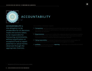 | UNEG ETHICAL GUIDELINES FOR EVALUATION
8
PRINCIPLES OF E THICS IN E VALUATION (CONT ’ D)
ACCOUNTABILITY
ACCOUNTABILITY is
the obligation to be
answerable for all decisions
made and actions taken;
to be responsible for
honouring commitments,
without qualification or
exception;7
and to report
potential or actual harms
observed through the
appropriate channels.
7
Adapted from UN General Assembly Resolution 64/259.
Accountability in evaluation requires:
• Transparency regarding evaluation purpose and actions taken, establishing trust and
increasing accountability for performance to the public, particularly those populations
affected by the evaluation.
• Responsiveness as questions or events arise, adapting intentions and plans as required.
Where corruption, fraud, sexual exploitation or abuse or other misconduct or waste of
resources is identified, it must be referred to appropriate channels.
• Taking responsibility for meeting the evaluation purpose and for actions taken, for
exercising due care and for ensuring redress and recognition as needed.
• Justifying and fairly and accurately reporting to stakeholders (including affected people)
decisions, actions and intentions.
 