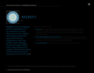 | UNEG ETHICAL GUIDELINES FOR EVALUATION
9
PRINCIPLES OF E THICS IN E VALUATION (CONT ’ D)
RESPECT
RESPECT involves engaging
with all stakeholders of
an evaluation in a way
that honours their dignity,
well-being and personal
agency while being
responsive to their sex,
gender, race, language,
country of origin, LGBTQ
status, age, background,
religion, ethnicity and ability
and to cultural, economic
and physical environments.8
8
This principle should be balanced and coherent with the principle of integrity, particularly in terms of independence, impartiality and incorruptibility.
Respect in evaluation requires:
• Access to the evaluation process and products by all relevant stakeholders – whether
powerless or powerful – with due attention to factors that can impede access such as
sex, gender, race, language, country of origin, LGBTQ status, age, background, religion,
ethnicity and ability.
• Meaningful engagement and fair treatment of all relevant stakeholders in the evaluation
processes from design to dissemination, so they can actively inform the evaluation approach
and products rather than being solely a subject of data collection.8
• Fair representation of different voices and perspectives in evaluation products.
 