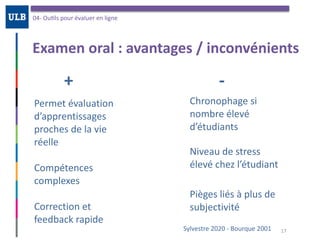Examen	oral	:	avantages	/	inconvénients
04-	OuOls	pour	évaluer	en	ligne
17Sylvestre	2020	-	Bourque	2001
+	
Permet	évaluation	
d’apprentissages	
proches	de	la	vie	
réelle	
Compétences	
complexes	
Correction	et	
feedback	rapide
Chronophage	si	
nombre	élevé	
d’étudiants
-
Niveau	de	stress	
élevé	chez	l’étudiant
Pièges	liés	à	plus	de	
subjectivité
 