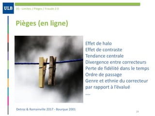 Pièges	(en	ligne)
05	-	Limites	/	Pièges	/	Fraude	2.0
29
Effet	de	halo	
Effet	de	contraste	
Tendance	centrale	
Divergence	entre	correcteurs	
Perte	de	fidélité	dans	le	temps	
Ordre	de	passage	
Genre	et	ethnie	du	correcteur	
par	rapport	à	l’évalué	
….
Detroz	&	Romainville	2017	-	Bourque	2001
 
