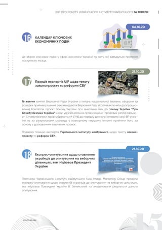 ЗВІТ ПРО РОБОТУ УКРАЇНСЬКОГО ІНСТИТУТУ МАЙБУТНЬОГО ЗА 2020 РІК
КАЛЕНДАР КЛЮЧОВИХ
ЕКОНОМІЧНИХ ПОДІЙ
Це збірка ключових подій у сфері економіки України та світу, які відбудуться протягом
наступного місяця.
16
Експрес-опитування щодо ставлення
українців до опитування на виборчих
дільницях, яке ініціював Президент
України
Партнери Українського інституту майбутнього New Image Marketing Group провели
експрес-опитування щодо ставлення українців до опитування на виборчих дільницях,
яке ініціював Президент України В. Зеленський та змоделювали результати даного
опитування.
18
Позиція експертів UIF щодо тексту
законопроєкту та реформи СБУ
16 жовтня комітет Верховної Ради України з питань національної безпеки, оборони та
розвідки прийняв рішення рекомендувати Верховній Раді України включити доопрацьо-
ваний Комітетом проєкт Закону України про внесення змін до Закону України “Про
Службу безпеки України” щодо удосконалення організаційно-правових засад діяльно-
сті Служби безпеки України (реєстр. № 3196) до порядку денного четвертої сесії ВР Укра-
їни та за результатами розгляду у повторному першому читанні прийняти його за
основу з урахуванням озвучених правок.
Подаємо позицію експертів Українського інституту майбутнього щодо тексту законо-
проєкту та реформи СБУ.
17
06.10.20
21.10.20
21.10.20
 