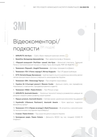 ЗВІТ ПРО РОБОТУ УКРАЇНСЬКОГО ІНСТИТУТУ МАЙБУТНЬОГО ЗА 2020 РІК
1. UKRLIFE.TV. Ілія Куса – США и Иран перешли красную линию.
2. NewsOne. Володимир Шульмейстер – Про авіакатастрофу в Тегерані.
3. «Перший козацький» (YouYube- канал). Ілія Куса – Иранский спектакль, Турецкий
Поток и геополитический пасьянс в Ливии. Куса, Богатырёв. МИР ЗА НЕДЕЛЮ.
4. Телеканал «Перший». Андрій Помазанов – Доповідь президента в Давосі.
5. Телеканал «112» («Голос народу»). Віктор Андрусів – Про ЗП держслужбовців.
6. ICTV. Наталія Кацер-Бучковська – Щоб вкладати кошти в українську економіку великі
світові компанії мають бачити стабільність законодавства України.
7. Телеканал «ZIK». Олександр Торгун – Про епідемію коронавірус.
8. Україна 24 («Сьогодні ранок»). Микола Скиба – Дуальна освіта, яка передбачає
паралельно з навчанням і працевлаштування студента.
9. Телеканал «НАШ». Павло Клімкін – Про Мінські угоди.
10. UKRLIFE.TV. Анатолій Амелін – Українські технології зможуть розвиватися швидше за
рахунок низького рівню розвитку нашої країни!
11. Перша шпальта. Анатолій Амелін – Світова криза: українська економіка під ударом!
12. Україна24 («Реальна Політика»). Анатолій Амелін – Коли вдасться подолати
економічну кризу?
13. Телеканал «1+1» («Право на владу»). Юрій Романенко – Як впоратись з економічними
та геополітичними наслідками коронавірусу?
14. 5 канал. Павло Клімкін – Про екзистенційного ворога України.
15. Громадське радіо. Павло Клімкін – Діяльність ВООЗ під час пандемії COVID-19
(подкаст)
ЗМІ
Відеокоментарі/
подкасти (91 подія)
 