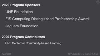 2020 Florida Data Science for Social Good Big RevealAugust 18, 2020
11
UNF Center for Community-based Learning
UNF Foundation
FIS Computing Distinguished Professorship Award
Jaguars Foundation
 