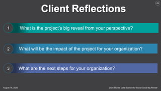 2020 Florida Data Science for Social Good Big RevealAugust 18, 2020
65
What is the project’s big reveal from your perspective?
What will be the impact of the project for your organization?
What are the next steps for your organization?
1
2
3
 