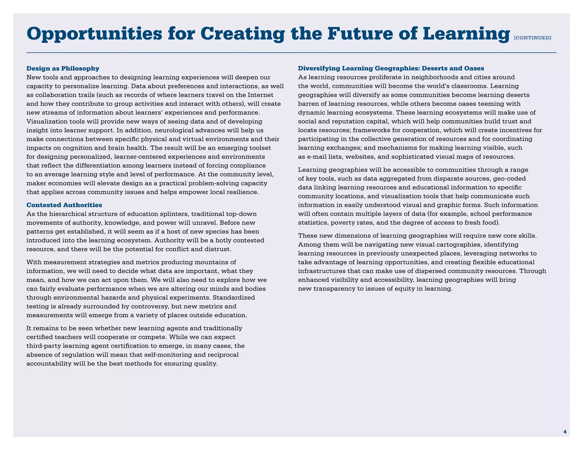 Opportunities for Creating the Future of Learning                                                                                                         [CONTINUED]




Design as Philosophy                                                                 Diversifying Learning Geographies: Deserts and Oases
New tools and approaches to designing learning experiences will deepen our           As learning resources proliferate in neighborhoods and cities around
capacity to personalize learning. Data about preferences and interactions, as well   the world, communities will become the world’s classrooms. Learning
as collaboration trails (such as records of where learners travel on the Internet    geographies will diversify as some communities become learning deserts
and how they contribute to group activities and interact with others), will create   barren of learning resources, while others become oases teeming with
new streams of information about learners’ experiences and performance.              dynamic learning ecosystems. These learning ecosystems will make use of
Visualization tools will provide new ways of seeing data and of developing           social and reputation capital, which will help communities build trust and
insight into learner support. In addition, neurological advances will help us        locate resources; frameworks for cooperation, which will create incentives for
make connections between specific physical and virtual environments and their        participating in the collective generation of resources and for coordinating
impacts on cognition and brain health. The result will be an emerging toolset        learning exchanges; and mechanisms for making learning visible, such
for designing personalized, learner-centered experiences and environments            as e-mail lists, websites, and sophisticated visual maps of resources.
that reflect the differentiation among learners instead of forcing compliance
                                                                                     Learning geographies will be accessible to communities through a range
to an average learning style and level of performance. At the community level,
                                                                                     of key tools, such as data aggregated from disparate sources, geo-coded
maker economies will elevate design as a practical problem-solving capacity
                                                                                     data linking learning resources and educational information to specific
that applies across community issues and helps empower local resilience.
                                                                                     community locations, and visualization tools that help communicate such
Contested Authorities                                                                information in easily understood visual and graphic forms. Such information
As the hierarchical structure of education splinters, traditional top-down           will often contain multiple layers of data (for example, school performance
movements of authority, knowledge, and power will unravel. Before new                statistics, poverty rates, and the degree of access to fresh food).
patterns get established, it will seem as if a host of new species has been
                                                                                     These new dimensions of learning geographies will require new core skills.
introduced into the learning ecosystem. Authority will be a hotly contested
                                                                                     Among them will be navigating new visual cartographies, identifying
resource, and there will be the potential for conflict and distrust.
                                                                                     learning resources in previously unexpected places, leveraging networks to
With measurement strategies and metrics producing mountains of                       take advantage of learning opportunities, and creating flexible educational
information, we will need to decide what data are important, what they               infrastructures that can make use of dispersed community resources. Through
mean, and how we can act upon them. We will also need to explore how we              enhanced visibility and accessibility, learning geographies will bring
can fairly evaluate performance when we are altering our minds and bodies            new transparency to issues of equity in learning.
through environmental hazards and physical experiments. Standardized
testing is already surrounded by controversy, but new metrics and
measurements will emerge from a variety of places outside education.
It remains to be seen whether new learning agents and traditionally
certified teachers will cooperate or compete. While we can expect
third-party learning agent certification to emerge, in many cases, the
absence of regulation will mean that self-monitoring and reciprocal
accountability will be the best methods for ensuring quality.




                                                                                                                                                                        4
 