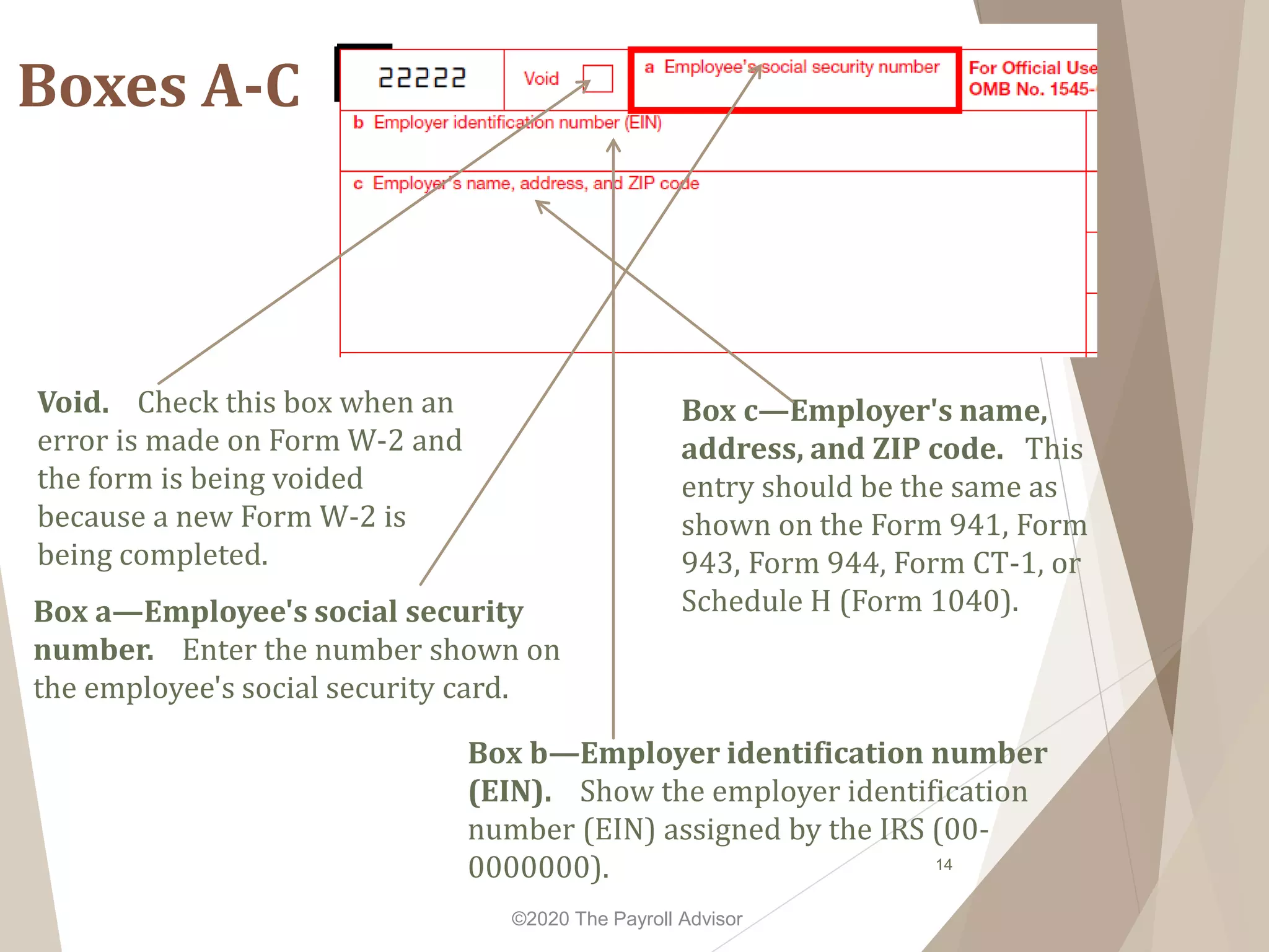Void. Check this box when an
error is made on Form W-2 and
the form is being voided
because a new Form W-2 is
being completed.
Box a—Employee's social security
number. Enter the number shown on
the employee's social security card.
Box b—Employer identification number
(EIN). Show the employer identification
number (EIN) assigned by the IRS (00-
0000000).
Box c—Employer's name,
address, and ZIP code. This
entry should be the same as
shown on the Form 941, Form
943, Form 944, Form CT-1, or
Schedule H (Form 1040).
14
Boxes A-C
©2020 The Payroll Advisor
 