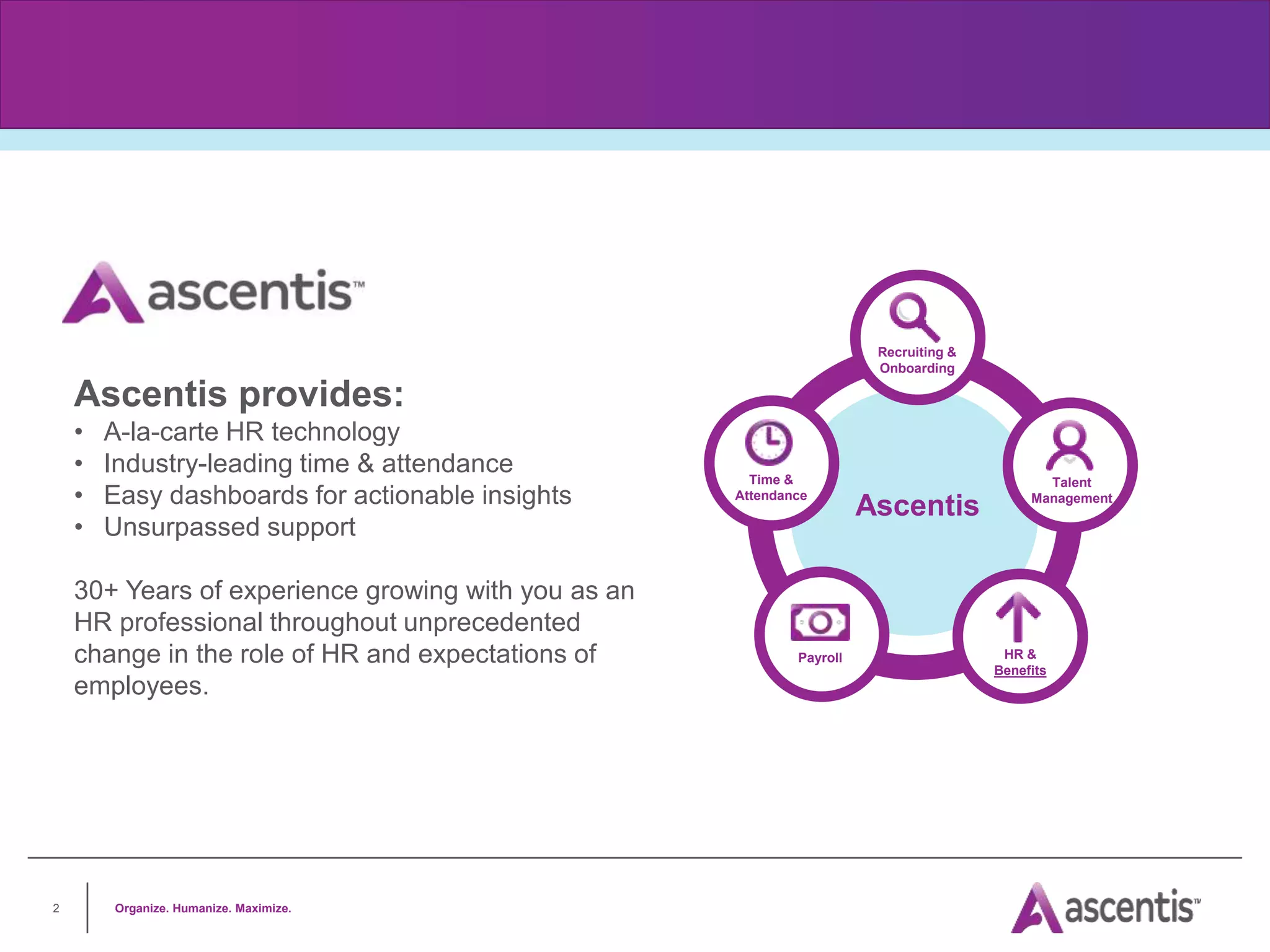 Organize. Humanize. Maximize.
2
Recruiting &
Onboarding
Talent
Management
HR &
Benefits
Payroll
Time &
Attendance
Ascentis
Ascentis provides:
• A-la-carte HR technology
• Industry-leading time & attendance
• Easy dashboards for actionable insights
• Unsurpassed support
30+ Years of experience growing with you as an
HR professional throughout unprecedented
change in the role of HR and expectations of
employees.
 