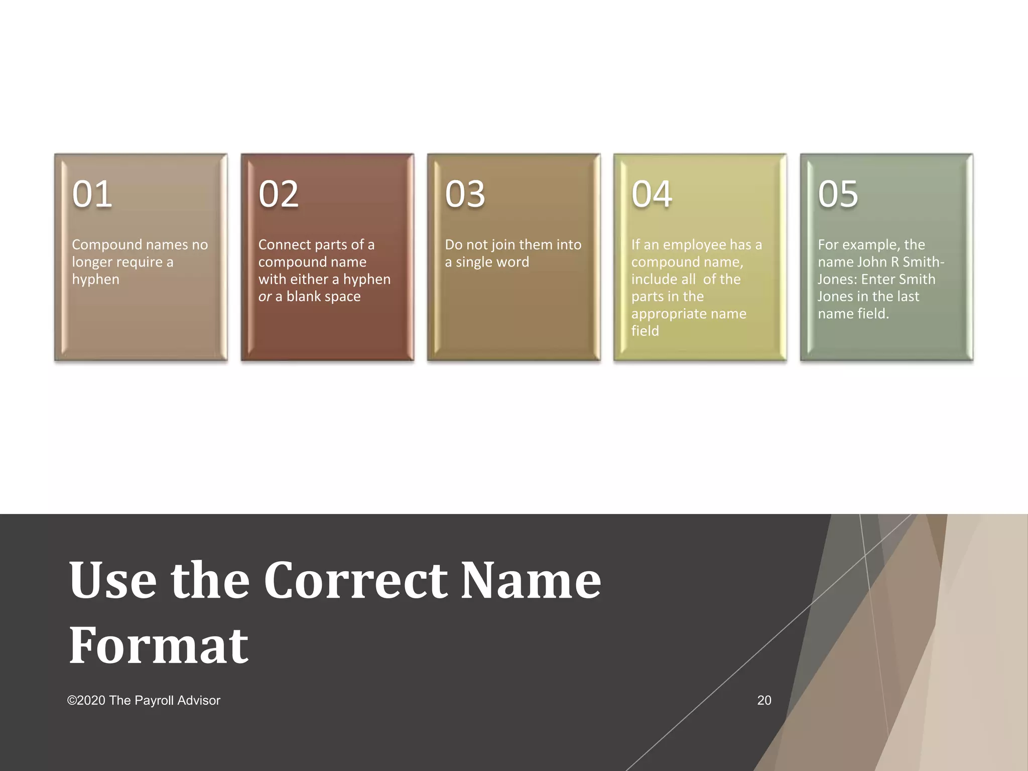 Use the Correct Name
Format
©2020 The Payroll Advisor 20
Compound names no
longer require a
hyphen
01
Connect parts of a
compound name
with either a hyphen
or a blank space
02
Do not join them into
a single word
03
If an employee has a
compound name,
include all of the
parts in the
appropriate name
field
04
For example, the
name John R Smith-
Jones: Enter Smith
Jones in the last
name field.
05
 