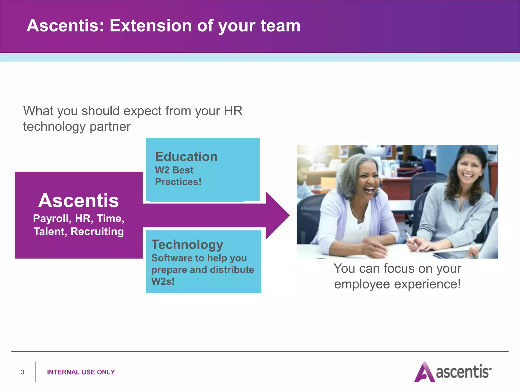 Ascentis
Payroll, HR, Time,
Talent, Recruiting
Ascentis: Extension of your team
INTERNAL USE ONLY
3
Education
W2 Best
Practices!
Technology
Software to help you
prepare and distribute
W2s!
You can focus on your
employee experience!
What you should expect from your HR
technology partner
 