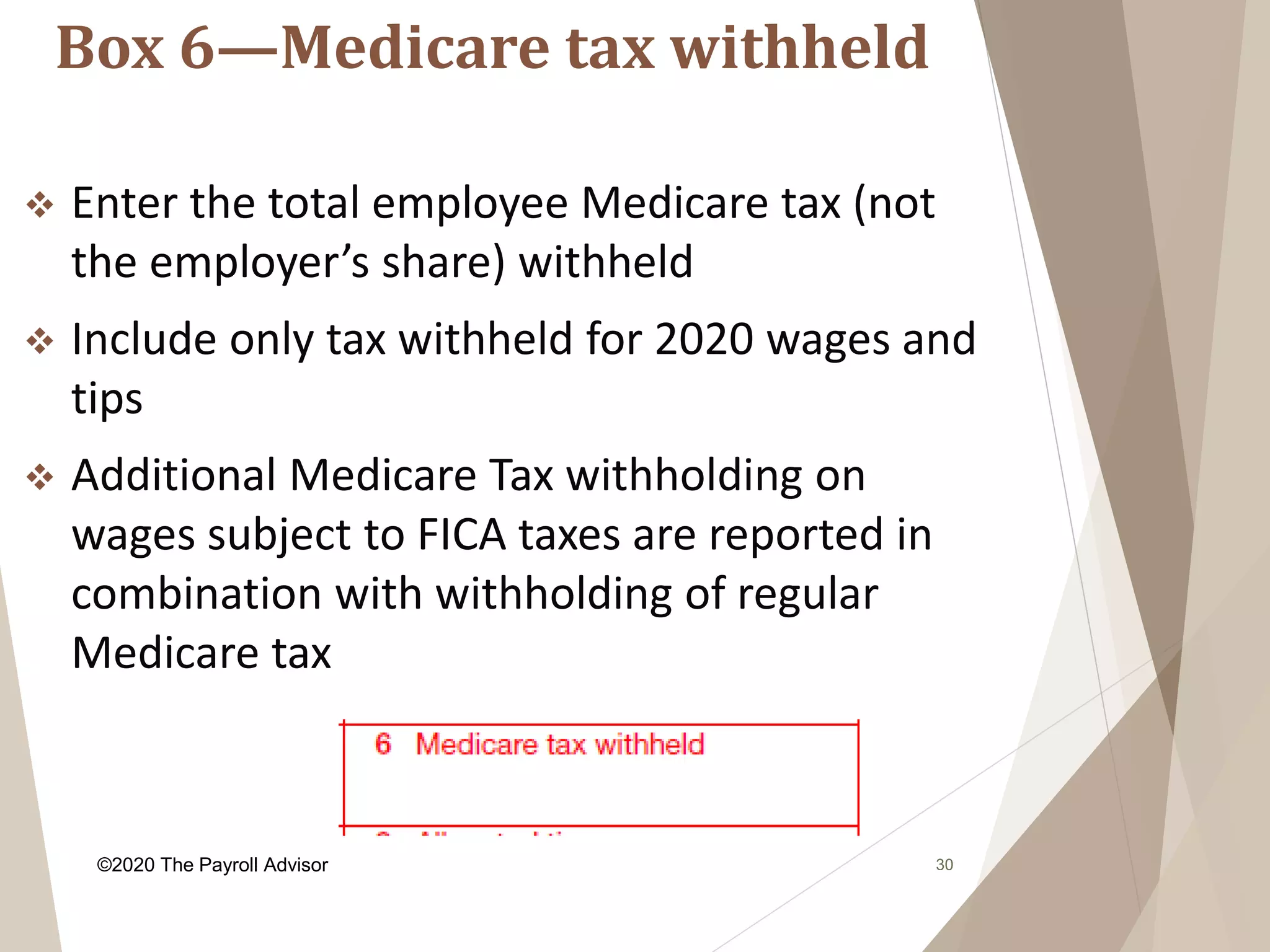 Box 6—Medicare tax withheld
30
 Enter the total employee Medicare tax (not
the employer’s share) withheld
 Include only tax withheld for 2020 wages and
tips
 Additional Medicare Tax withholding on
wages subject to FICA taxes are reported in
combination with withholding of regular
Medicare tax
©2020 The Payroll Advisor
 