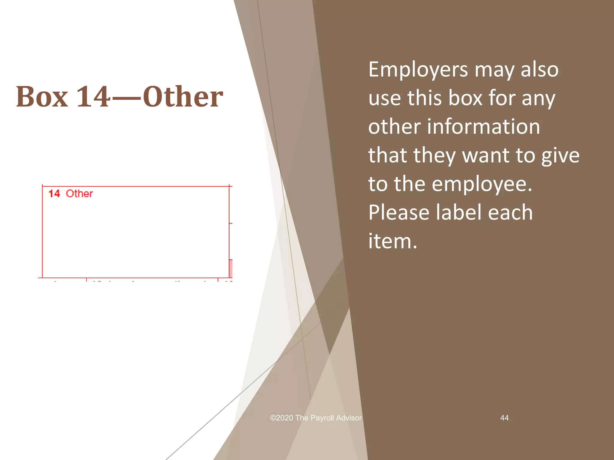 Box 14—Other
Employers may also
use this box for any
other information
that they want to give
to the employee.
Please label each
item.
©2020 The Payroll Advisor 44
 