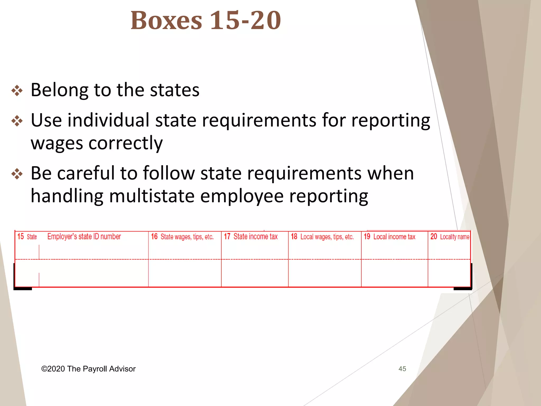 Boxes 15-20
45
 Belong to the states
 Use individual state requirements for reporting
wages correctly
 Be careful to follow state requirements when
handling multistate employee reporting
©2020 The Payroll Advisor
 