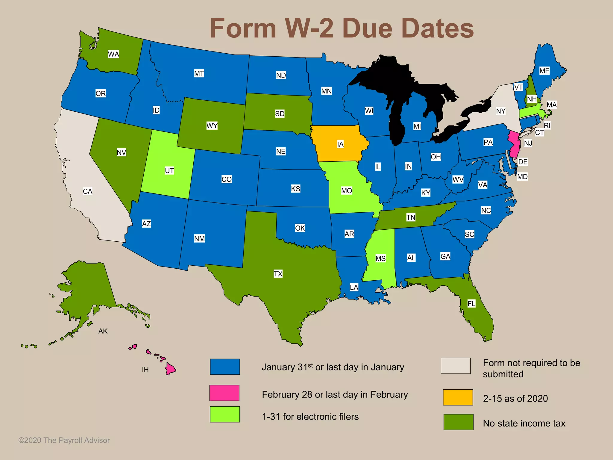 MT
WY
ID
WA
OR
NV
UT
CA
AZ
ND
SD
NE
CO
NM
TX
OK
KS
AR
LA
MO
IA
MN
WI
IL IN
KY
TN
MS AL GA
FL
SC
NC
VA
WV
OH
MI
NY
PA
MD
DE
NJ
CT
RI
MA
ME
VT
NH
AK
HI January 31st or last day in January
February 28 or last day in February
No state income tax
Form W-2 Due Dates
©2020 The Payroll Advisor 52
Form not required to be
submitted
1-31 for electronic filers
2-15 as of 2020
 