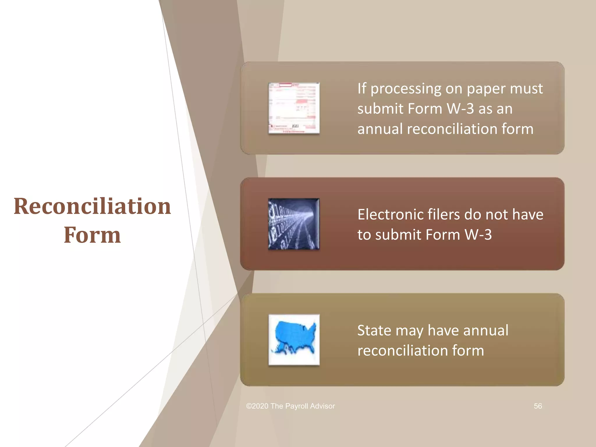 Reconciliation
Form
©2020 The Payroll Advisor 56
If processing on paper must
submit Form W-3 as an
annual reconciliation form
Electronic filers do not have
to submit Form W-3
State may have annual
reconciliation form
 