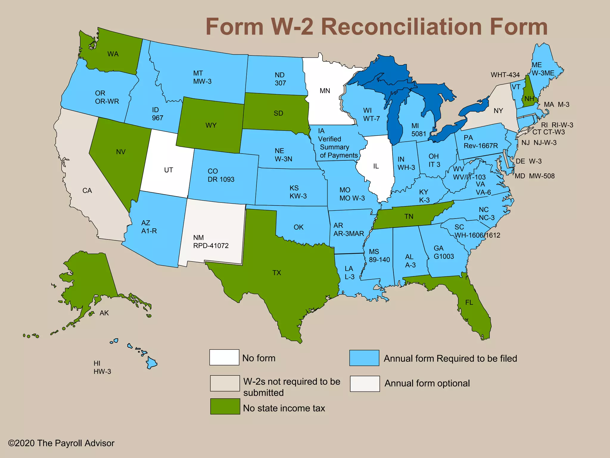 MT
MW-3
WY
ID
967
WA
OR
OR-WR
NV
UT
CA
AZ
A1-R
ND
307
SD
NE
W-3N
CO
DR 1093
NM
RPD-41072
TX
OK
KS
KW-3
AR
AR-3MAR
LA
L-3
MO
MO W-3
IA
Verified
Summary
of Payments
MN
WI
WT-7
IL
IN
WH-3
KY
K-3
TN
MS
89-140 AL
A-3
GA
G1003
FL
SC
WH-1606/1612
NC
NC-3
VA
VA-6
WV
WV/IT-103
OH
IT 3
MI
5081
NY
PA
Rev-1667R
MD MW-508
DE W-3
NJ NJ-W-3
CT CT-W3
RI RI-W-3
MA M-3
ME
W-3ME
VT
NH
AK
HI
HW-3
No form
No state income tax
Form W-2 Reconciliation Form
©2020 The Payroll Advisor
57
W-2s not required to be
submitted
Annual form Required to be filed
Annual form optional
WHT-434
 