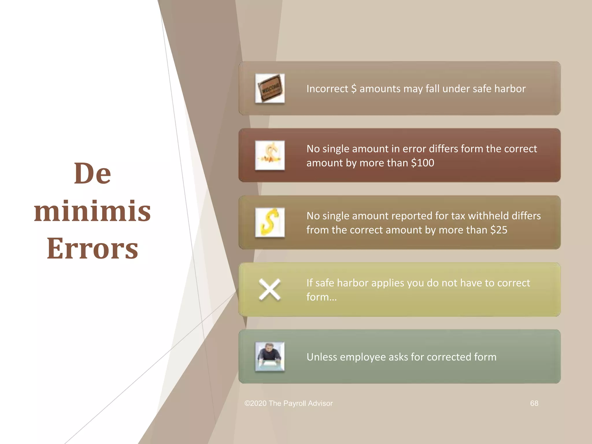 De
minimis
Errors
©2020 The Payroll Advisor 68
Incorrect $ amounts may fall under safe harbor
No single amount in error differs form the correct
amount by more than $100
No single amount reported for tax withheld differs
from the correct amount by more than $25
If safe harbor applies you do not have to correct
form…
Unless employee asks for corrected form
 