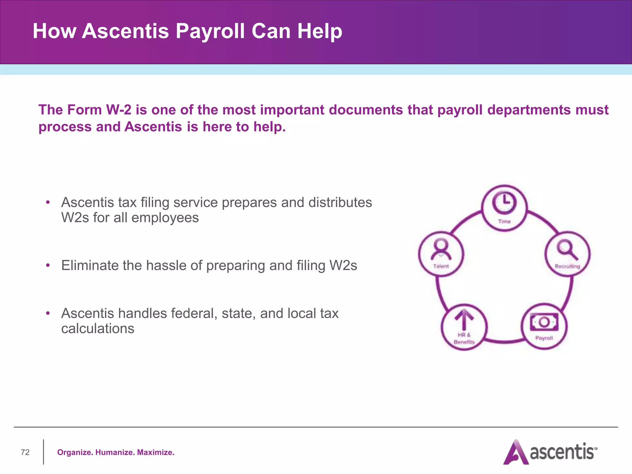 Organize. Humanize. Maximize.
72
How Ascentis Payroll Can Help
The Form W-2 is one of the most important documents that payroll departments must
process and Ascentis is here to help.
• Ascentis tax filing service prepares and distributes
W2s for all employees
• Eliminate the hassle of preparing and filing W2s
• Ascentis handles federal, state, and local tax
calculations
 