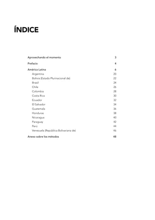 Aprovechando el momento	 3
Prefacio	4
América Latina	 6
Argentina	20
Bolivia (Estado Plurinacional de)	 22
Brasil	24
Chile	26
Colombia	28
Costa Rica	 30
Ecuador	32
El Salvador	 34
Guatemala	36
Honduras	38
Nicaragua	40
Paraguay	42
Perú	44
Venezuela (República Bolivariana de)	 46
Anexo sobre los métodos	 48
ÍNDICE
 