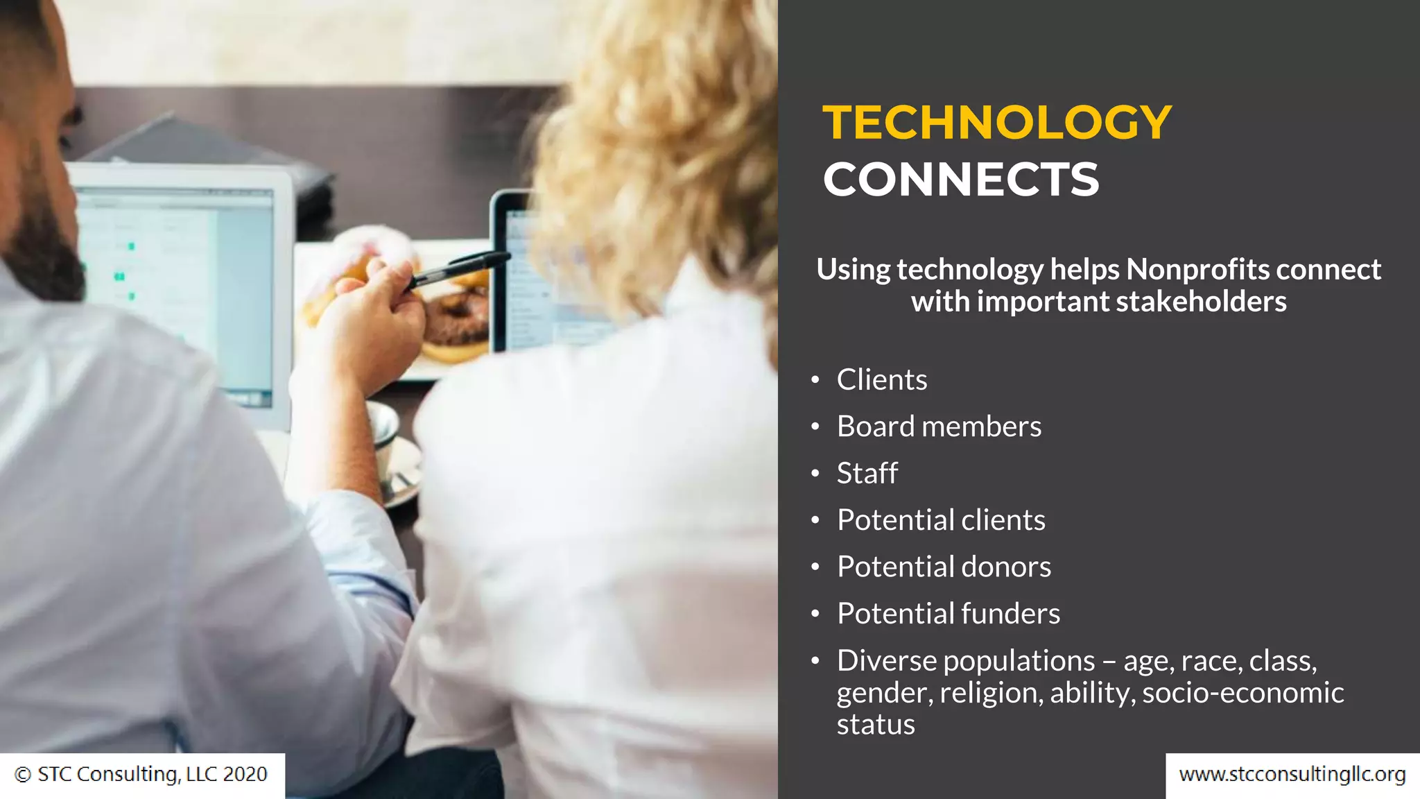 TECHNOLOGY
CONNECTS
Using technology helps Nonprofits connect
with important stakeholders
• Clients
• Board members
• Staff
• Potential clients
• Potential donors
• Potential funders
• Diverse populations – age, race, class,
gender, religion, ability, socio-economic
status
 