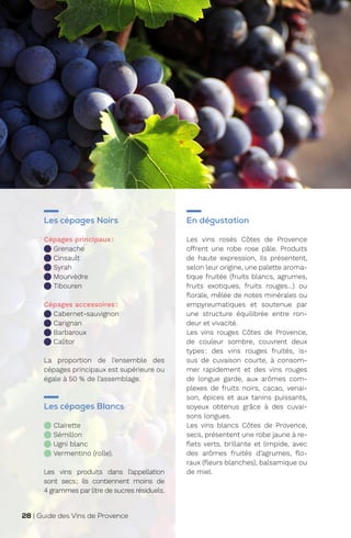 Les cépages Noirs
Cépages principaux:
Grenache
Cinsault
Syrah
Mourvèdre
Tibouren
Cépages accessoires:
Cabernet-sauvignon
Carignan
Barbaroux
Calitor
La proportion de l’ensemble des
cépages principaux est supérieure ou
égale à 50 % de l’assemblage.
Les cépages Blancs
Clairette
Sémillon
Ugni blanc
Vermentino (rolle).
Les vins produits dans l’appellation
sont secs; ils contiennent moins de
4 grammes par litre de sucres résiduels.
En dégustation
Les vins rosés Côtes de Provence
offrent une robe rose pâle. Produits
de haute expression, ils présentent,
selon leur origine, une palette aroma-
tique fruitée (fruits blancs, agrumes,
fruits exotiques, fruits rouges…) ou
florale, mêlée de notes minérales ou
empyreumatiques et soutenue par
une structure équilibrée entre ron-
deur et vivacité.
Les vins rouges Côtes de Provence,
de couleur sombre, couvrent deux
types: des vins rouges fruités, is-
sus de cuvaison courte, à consom-
mer rapidement et des vins rouges
de longue garde, aux arômes com-
plexes de fruits noirs, cacao, venai-
son, épices et aux tanins puissants,
soyeux obtenus grâce à des cuvai-
sons longues.
Les vins blancs Côtes de Provence,
secs, présentent une robe jaune à re-
flets verts, brillante et limpide, avec
des arômes fruités d’agrumes, flo-
raux (fleurs blanches), balsamique ou
de miel.
28 | Guide des Vins de Provence
 