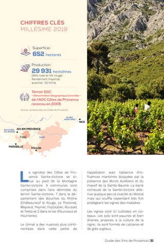 CHIFFRES CLÉS
MILLÉSIME 2019
Production:
29 931 hectolitres
(95% rosé et 5% rouge)
Rendement maximal
autorisé: 50 hl/ha
Terroir DGC
- Dénomination Géographique Contrôlée -
de l’AOC Côtes de Provence
reconnu en 2005
L
e vignoble des Côtes de Pro-
vence Sainte-Victoire se si-
tue au pied de la Montagne
Sainte-Victoire. 9 communes sont
comprises dans l’aire délimitée du
terroir Sainte-Victoire: 7 dans le dé-
partement des Bouches du Rhône
(Châteauneuf le Rouge, Le Tholonet,
Meyreuil, Peynier, Puyloubier, Rousset
et Trets) et 2 dans le Var (Pourcieux et
Pourrières).
Le climat a des nuances plus conti-
nentales dans cette partie de
l’appellation avec l’absence d’in-
fluences maritimes bloquées par la
présence des Monts Auréliens et du
massif de la Sainte-Baume. La barre
rocheuse de la Sainte-Victoire atté-
nue quelque peu la vivacité du Mistral
mais qui souffle cependant très fort
protégeant les vignes des maladies.
Les vignes sont ici cultivées en co-
teaux. Les sols sont pauvres et bien
drainés, propices à la culture de la
vigne; ils sont formés de calcaires et
de grès argileux.
M
MARSEILLE
BOUCHES-
DU-RHÔNE
ALPES-
MARITIMES
VAR
AIX-EN-PROVENCE
TOULON
Trets
NICE
(source: syndicat des vins Côtes de Provence)
Superficie:
652 hectares
Guide des Vins de Provence | 31
 