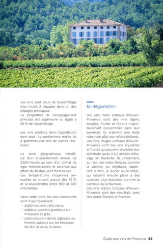 En dégustation
Les vins rosés Coteaux d’Aix-en-
Provence sont des vins légers,
souples, fruités et floraux majori-
tairement consommés dans leur
jeunesse. Ils arborent une belle
robe rose pâle aux reflets brillants.
Les vins rouges Coteaux d’Aix-en-
Provence sont des vins équilibrés
et fruités qui peuvent atteindre leur
plénitude après 2 à 3 années d’éle-
vage en bouteille. Ils présentent,
au nez, des notes florales, comme
la violette, ou végétales, rappe-
lant le foin, le laurier ou le tabac,
qui laissent ensuite place à des
nuances plus évoluées, comme la
cannelle ou la fourrure.
Les vins blancs Coteaux d’Aix-en-
Provence sont des vins frais, avec
des notes florales et fruitées.
Les vins sont issus de l’assemblage
d’au moins 2 cépages dont un des
cépages principaux.
La proportion de l’encépagement
principal est supérieure ou égale à
50 % de l’assemblage.
Les vins produits dans l’appellation
sont secs; ils contiennent moins de
4 grammes par litre de sucres rési-
duels.
La zone géographique bénéfi-
cie d’un ensoleillement annuel de
2900 heures au sein d’un climat de
type méditerranéen et soumise aux
effets du Mistral, vent froid et sec.
Les températures moyennes an-
nuelles se situent autour des 13 °C
et la pluviométrie entre 550 et 680
millimètres.
Dans cette zone, les sols rencontrés
sont majoritairement:
• argilo-calcaire caillouteux,
• sableux, souvent graveleux sur
molasses et grès,
• caillouteux à matrice argileuse ou
limono-sableux sur les terrasses
de l’Arc et de la Durance
Guide des Vins de Provence | 43
 