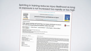 Sprinting in training reduces injury likelihood as longas exposure is not increased too rapidly or too high
 