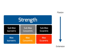 Strength
Sub Max
Concentric
Sub Max
Isometric
Max
Concentric
Max
Isometric
Sub Max
Eccentric
Max
Eccentric
Flexion
Extension
 