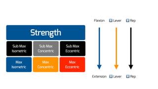 Strength
Sub Max
Concentric
Sub Max
Isometric
Max
Concentric
Max
Isometric
Sub Max
Eccentric
Max
Eccentric
Flexion ⬇ Lever ⬆ Rep
Extension ⬆ Lever ⬇ Rep
 