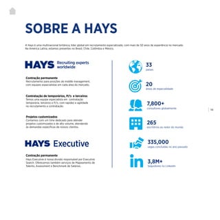 | 118
SOBRE A HAYS
A Hays é uma multinacional britânica, líder global em recrutamento especializado, com mais de 50 anos de experiência no mercado.
Na América Latina, estamos presentes no Brasil, Chile, Colômbia e México.
Contração permanente
Hays Executive é nossa divisão responsável por Executive
Search. Oferecemos também serviços de Mapeamento de
Talento, Assessment e Benchmark de Salários.
Contração permanente
Recrutamento para posições de middle management,
com equipes especialistas em cada área do mercado.
Projetos customizados
Contamos com um time dedicado para atender
projetos customizados e de alto volume, atendendo
às demandas específicas de nossos clientes.
Contratação de temporários, PJ’s e terceiros
Temos uma equipe especialista em contratação
temporária, terceiros e PJ’s, com rapidez e agilidade
no recrutamento e contratação.
países
33
áreas de especialidade
20
consultores globalmente
7,800+
vagas concluídas no ano passado
335,000
escritórios ao redor do mundo
265
Seguidores no Linkedin
3,8M+
 