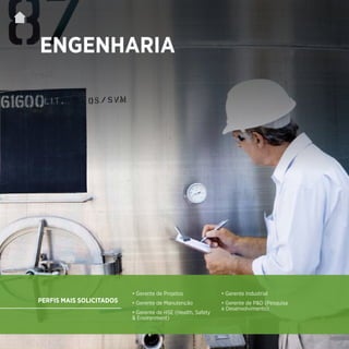 | 46
ENGENHARIA
• Gerente de Projetos
• Gerente de Manutenção
• Gerente de HSE (Health, Safety
& Environment)
• Gerente Industrial
• Gerente de P&D (Pesquisa
e Desenvolvimento)
PERFIS MAIS SOLICITADOS
 