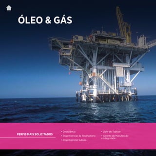 | 64
ÓLEO & GÁS
• Geosciência
• Engenheiro(a) de Reservatório
• Engenheiro(a) Subsea
• Líder de Topside
• Gerente de Manutenção
e Integridade
PERFIS MAIS SOLICITADOS
 