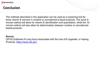 Conclusion
The methods described in this application can be used as a screening tool for
three vitamin E isomers in nicotine or cannabinoid e-liquid products. The quick 5-
minute method will allow for vitamin E identification and quantitation, while the 10-
minute method will also allow for determination between nicotine or cannabinoid-
based products.
Source
(2019) Outbreak of Lung Injury Associated with the Use of E-cigarette, or Vaping,
Products. https://www.cdc.gov
 