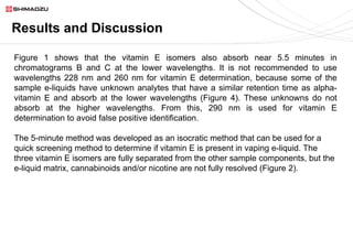 Results and Discussion
Figure 1 shows that the vitamin E isomers also absorb near 5.5 minutes in
chromatograms B and C at the lower wavelengths. It is not recommended to use
wavelengths 228 nm and 260 nm for vitamin E determination, because some of the
sample e-liquids have unknown analytes that have a similar retention time as alpha-
vitamin E and absorb at the lower wavelengths (Figure 4). These unknowns do not
absorb at the higher wavelengths. From this, 290 nm is used for vitamin E
determination to avoid false positive identification.
The 5-minute method was developed as an isocratic method that can be used for a
quick screening method to determine if vitamin E is present in vaping e-liquid. The
three vitamin E isomers are fully separated from the other sample components, but the
e-liquid matrix, cannabinoids and/or nicotine are not fully resolved (Figure 2).
 
