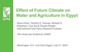 Effect of Future Climate on
Water and Agriculture in Egypt
Nicos Perez, Timothy S. Thomas, Richard D.
Robertson, Hua Xie & Claudia Ringler
International Food Policy Research Institute
This study was funded by USAID.
Washington, D.C. and Cairo Egypt | July 21, 2020
 