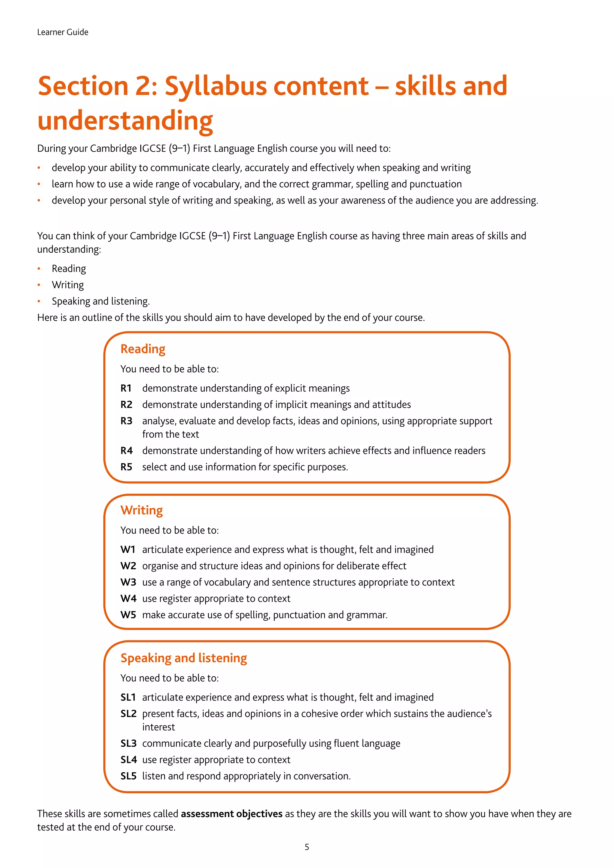 Learner Guide
5
Section 2: Syllabus content – skills and
understanding
During your Cambridge IGCSE (9–1) First Language English course you will need to:
•	 develop your ability to communicate clearly, accurately and effectively when speaking and writing
•	 learn how to use a wide range of vocabulary, and the correct grammar, spelling and punctuation
•	 develop your personal style of writing and speaking, as well as your awareness of the audience you are addressing.
You can think of your Cambridge IGCSE (9–1) First Language English course as having three main areas of skills and
understanding:
•	 Reading
•	 Writing
•	 Speaking and listening.
Here is an outline of the skills you should aim to have developed by the end of your course.
Reading
You need to be able to:
R1	demonstrate understanding of explicit meanings
R2	demonstrate understanding of implicit meanings and attitudes
R3	analyse, evaluate and develop facts, ideas and opinions, using appropriate support
from the text
R4	demonstrate understanding of how writers achieve effects and influence readers
R5	select and use information for specific purposes.
Writing
You need to be able to:
W1	 articulate experience and express what is thought, felt and imagined
W2	 organise and structure ideas and opinions for deliberate effect
W3	 use a range of vocabulary and sentence structures appropriate to context
W4	 use register appropriate to context
W5	 make accurate use of spelling, punctuation and grammar.
Speaking and listening
You need to be able to:
SL1	 articulate experience and express what is thought, felt and imagined
SL2	present facts, ideas and opinions in a cohesive order which sustains the audience’s
interest
SL3	 communicate clearly and purposefully using fluent language
SL4	 use register appropriate to context
SL5	 listen and respond appropriately in conversation.
These skills are sometimes called assessment objectives as they are the skills you will want to show you have when they are
tested at the end of your course.
 